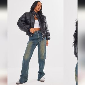 Prettylittlething Black Crinkle Look High Shine Puffer Jacket- M